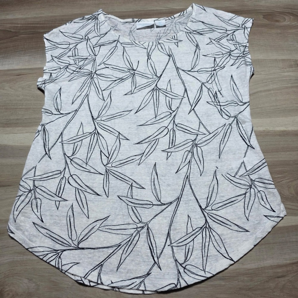 Cynthia Rowley 100% Linen Top‎ Womens Large Grey Black Leaf Print Blouse